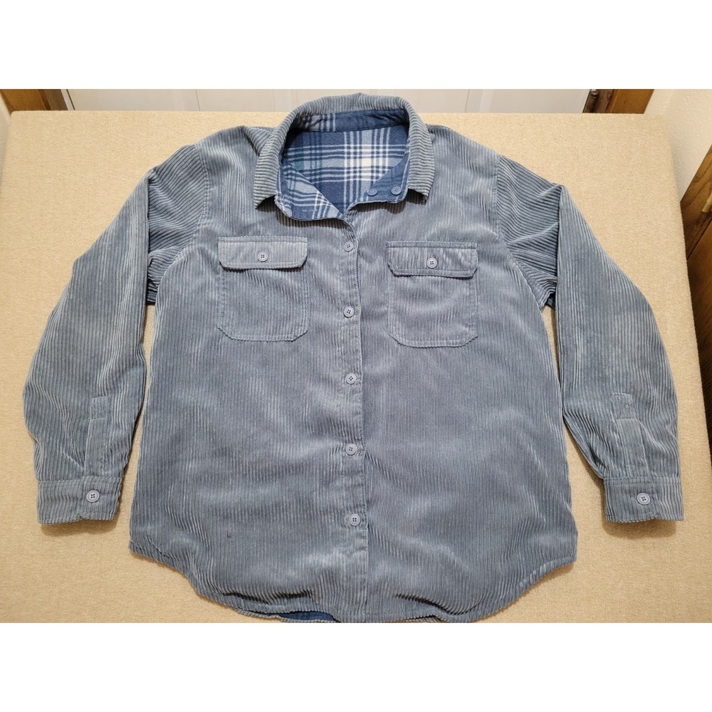 Wmns Reversible Corduroy Plaid Shirt Shacket Blue‎ Button Front Lightweight
